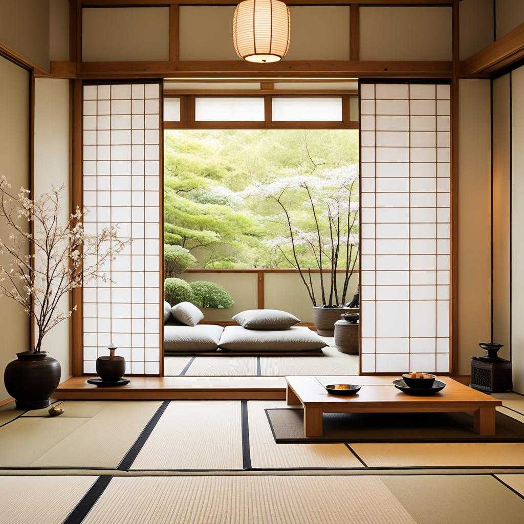 Japanese living room design with shoji screens and tatami mats