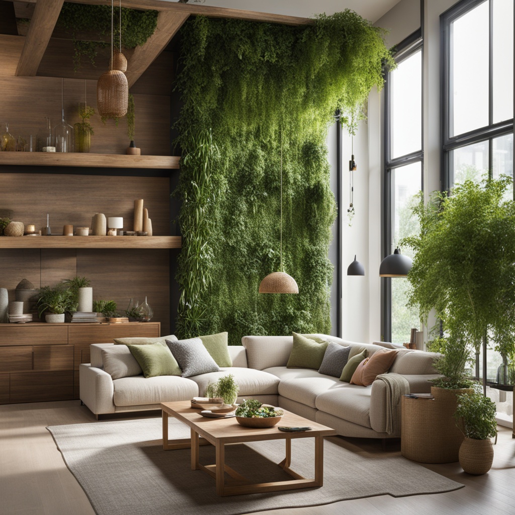 Biophilic design in living room with natural elements and eco-friendly materials